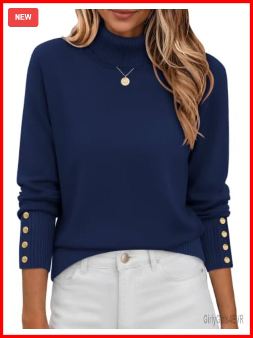 Turtleneck Sweater Long Sleeve Pullover Ribbed Button Cuff Knit Jumper Top